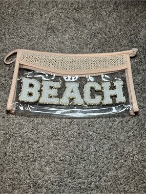 Clear 'BEACH' Embellished Pouch in Pale Pink